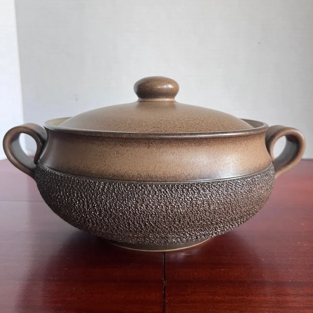 Denby England Casserole Dish with Lid Handled Brown Textured Stoneware 8x4 MCM